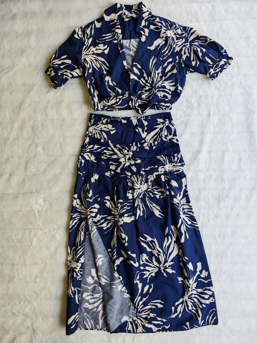 ZARA Blue Tropical Palm Print Matching Set XS/S Crop Tie Top & Midi Wrap Skirt R - Picture 5 of 16